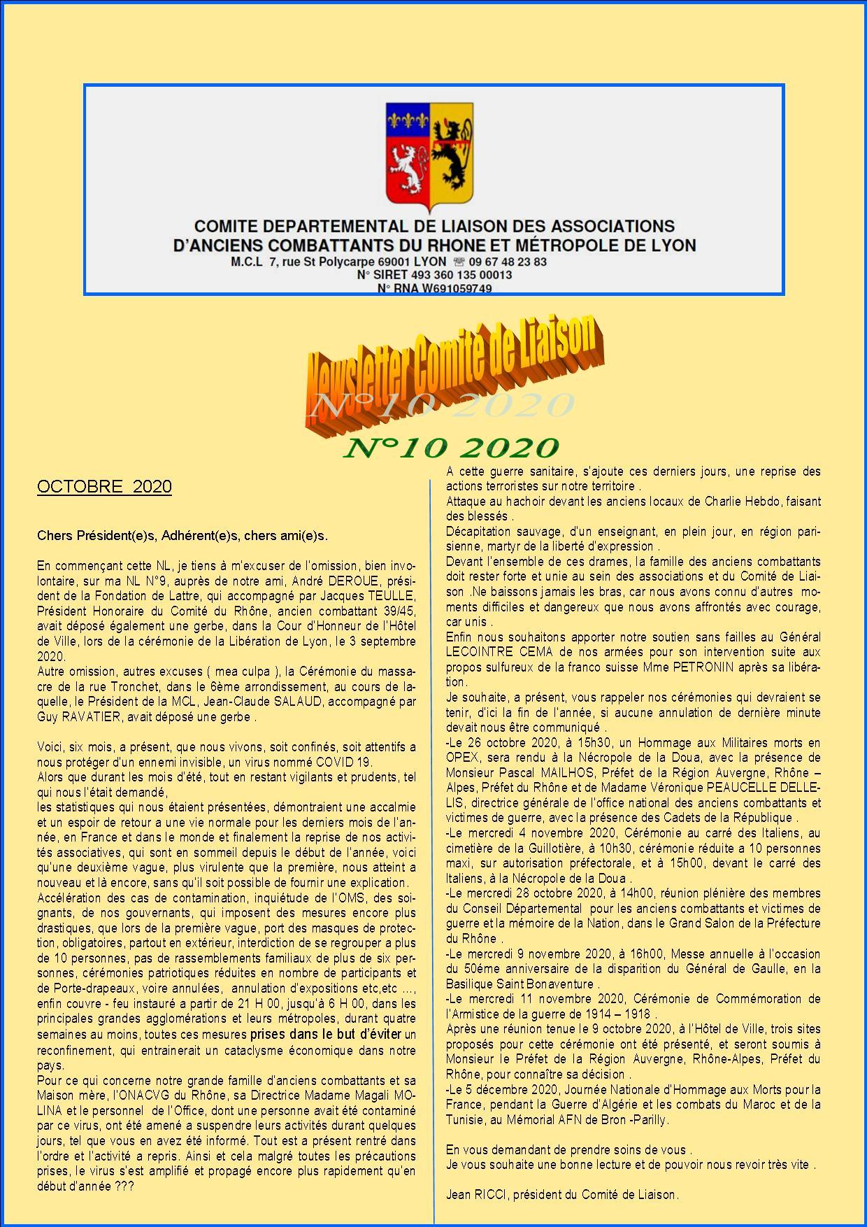 Newsletter comite de liaisonn 10 2020